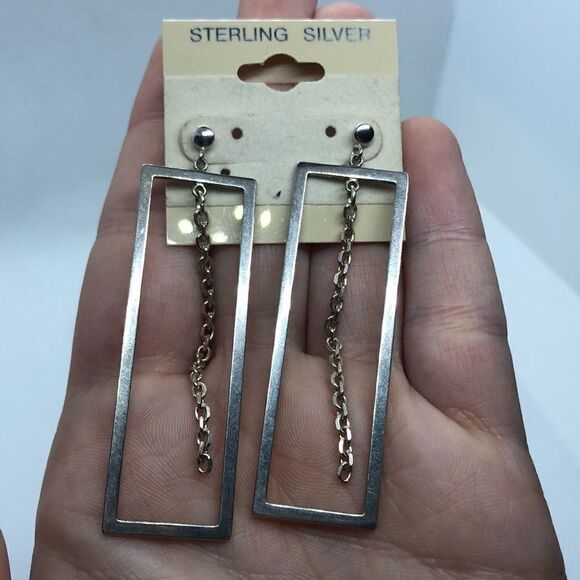 💛 925 Rectangle Chain Earrings - Picture 2 of 3